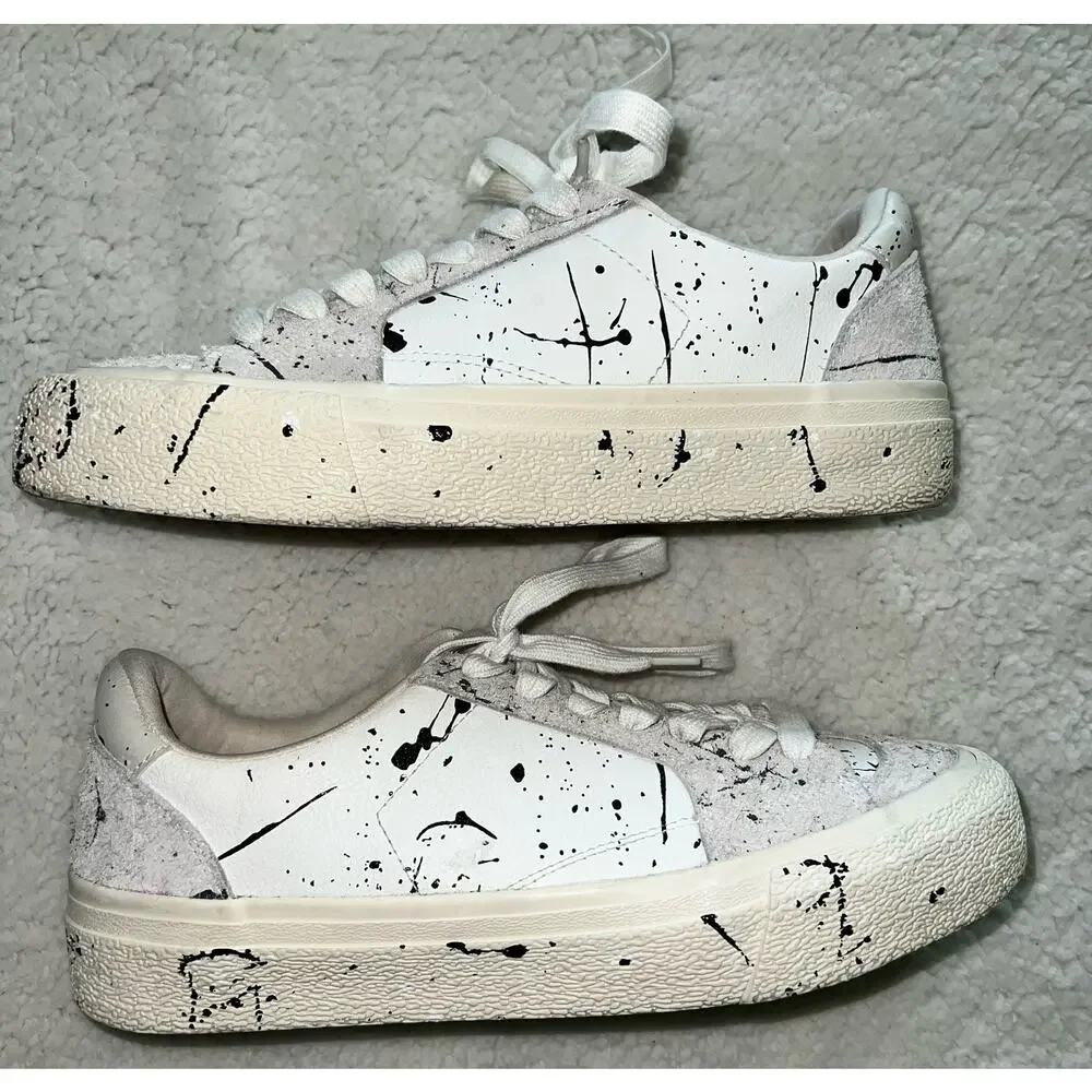 Zara Men's White and Black Leather Painted Sneakers - size 8 - I5